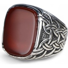 Mirari Jewelry Akik Taşlı Dikdörtgen Kesim Osmanlı Motifli Erkek Yüzük | Premium 0,40 Mikron Gümüş Kaplama