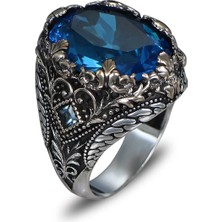 Mirari Jewelry Akuamarin Taşlı Erkek Yüzük Vintage Tasarım | Premium 0,40 Mikron Gümüş Kaplama