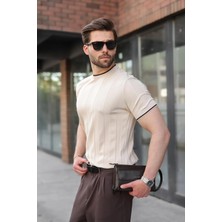 Madmext Taş Rengi Bisiklet Yaka Regular Fit Triko Erkek Tişört E7487