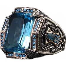 Mirari Jewelry Büyük Akuamarin Taşlı Erkek Yüzük Firuze Taş Detaylı | Premium 0,40 Mikron Gümüş Kaplama