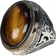 Mirari Jewelry Kaplangözü Taşlı Oval Kesim Işlemeli Osmanlı Motifli Erkek Yüzük | Premium 0,40 Mikron Gümüş Kaplama