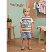 Vavbaby Erkek Çocuk Dinazor Baskılı Çizgili Kısa Kollu Tişört ve Şort Takım - Mavi