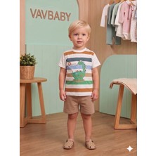 Vavbaby Erkek Çocuk Dinazor Baskılı Çizgili Kısa Kollu Tişört ve Şort Takım - Kahverengi