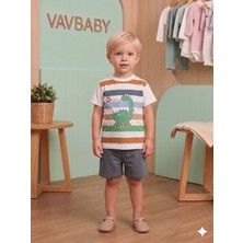 Vavbaby Erkek Çocuk Dinazor Baskılı Çizgili Kısa Kollu Tişört ve Şort Takım - Gri