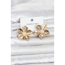 Renas Store 316L Çelik Gold Renk Lotus Çiçek Model Kadın Küpe