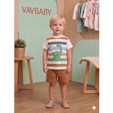 Vavbaby Erkek Çocuk Dinazor Baskılı Çizgili Kısa Kollu Tişört ve Şort Takım - Kremit