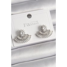 Renas Store Pirinç Gümüş Renk Zirkon Taşlı Yelpaze Model Kadın Küpe