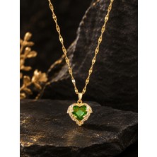 Lia Charm 14 Ayar Altın Kaplama Anneler Günü Özel Zirkon Taşlı Yeşil Kalp Kolye