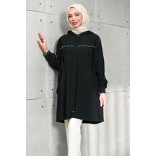 İmaj Butik Siyah Gizli Fermuarlı Kapüşonlu Tunik