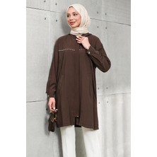 İmaj Butik Kahverengi Gizli Fermuarlı Kapüşonlu Tunik