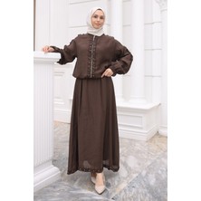 İmaj Butik Kahverengi Kol Lastikli Fermuarlı Ceket Etekli Takım