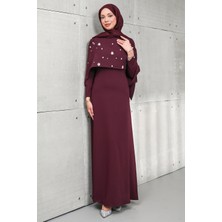 İmaj Butik Bordo Ön Pelerin Detaylı Taşlı Abiye