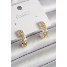 Renas Store Pirinç Gold Renk Zirkon Taşlı Yarım Halka Model Kadın Küpe