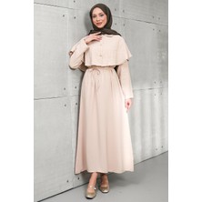 İmaj Butik Bej Pelerinli Modal Dokuma Elbise