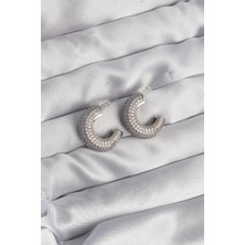 Renas Store Pirinç Gümüş Renk Zirkon Taşlı Yarım Halka Küpe