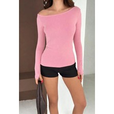Elaxi Kadın Kayık Yaka Parmak Geçmeli Uzun Kollu Full Likralı Pamuk Viskon Buzzy Body Tişort