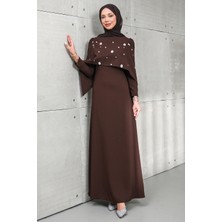 İmaj Butik Kahverengi Ön Pelerin Detaylı Taşlı Abiye