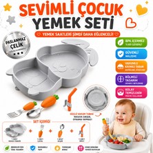 Jojobebek Vakumlu Silikon Mama Tabağı, Silikon Saplı Paslanmaz Çelik Uçlu Çatal Ve Kaşık ( Tavşan Figürlü )