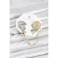 Renas Store Yıldız Model Pirinç Gold Renk Zincir Bağlantılı Ear Cuff Küpe Seti