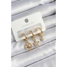 Renas Store Pirinç Zirkon Taşlı Yıldız Model Gold Renk 3'lü Çift Kadın Küpe Set