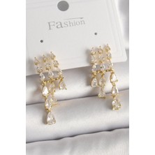 Renas Store Pirinç Gold Renk Zirkon Taşlı Yağmur Model Kadın Küpe