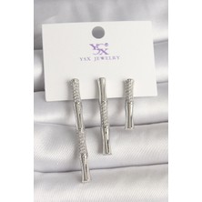 Renas Store Pirinç Gümüş Renk Zirkon Taşlı Bambu Model 3'lü Kadın Kombin Küpe