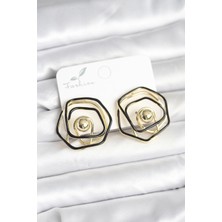 Renas Store Pirinç Gold Renk Siyah Mineli Geometrik Gül Model Kadın Küpe