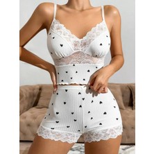 MiraLive Kısa Şortlu Askılı Kalp Desenli Dantel Detaylı Pijama Takımı, Rahat ve Şık Ev Giyim,kadın
