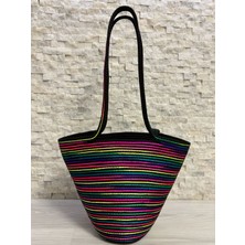 Sarda Design Neon Çizgili El Emeği Kadın Omuz Çantası – Büyük Boy Plaj & Günlük Kullanım