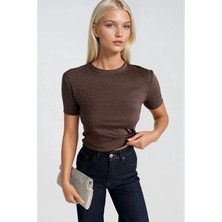 Asfaha Fashion Kadın Taş Detaylı Bisiklet Yaka Kısa Kollu Esnek Crop Tişört
