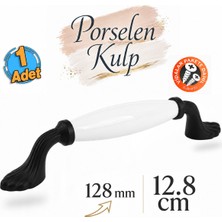Badem10 Porsuk Beyaz Porselen Siyah Kulp 128 mm 12.8 cm Mobilya Çekmece Dolabı Dolap Kapak Kulb Kulpu