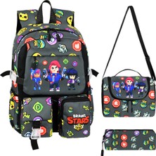 Jasfur Kore Kawaii Brawl Stars Temalı Erkek Ilkokul Sırt Çantası,termal Beslenme Çantası ve Kalemlik Seti