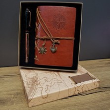 Keyfim Shop Kişiye Özel Deri Pusula Tasarımlı Defter ve Metal Kalem Seti