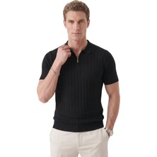 Rizzup Erkek Siyah Polo Yaka Fermuarlı Çizgi Dokulu Regular Fit Likralı Triko Tişört 2608008