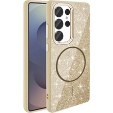 Cavora Samsung Galaxy S25 Ultra Uyumlu Magsafe Şarj Özellikli Parlayan Simli Okso Kapak-Gold