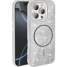 Cavora Iphone 16 Pro Max Uyumlu Magsafe Şarj Özellikli Parlayan Simli Okso Kapak-Beyaz
