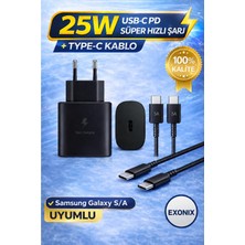 Exonix 25W (Watt) Samsung Uyumlu Süper Hızlı Şarj Uyumlu Başlık | Type-C To Type-C Kablo Set Siyah A Serisi ve S Serisi Bütün Modellerleuyumludur