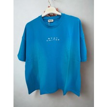 Discount World Retro Club Stay United Baskılı Unisex Oversize Mavi Tişört