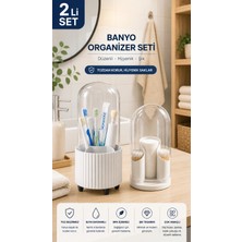Blackstar Modern Tasarım Kapaklı Pamukluk ve Diş Fırçalık Organizer Seti Beyaz
