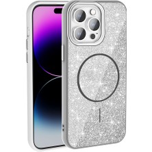 Cavora Iphone 14 Pro Max Uyumlu Magsafe Şarj Özellikli Parlayan Simli Okso Kapak-Beyaz