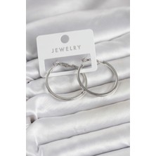 Renas Store Gümüş Renk Pirinç Köşeli Kenar Halka 32 mm Kadın Küpe