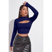 Beruflic Kadın Lacivert Göğüs Dekolteli Uzun Kollu Cut Out Crop Top Bluz Under Moda
