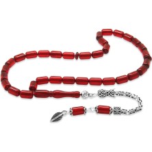 Tesbihname Damla Kehribar Tesbih - 925 Ayar Gümüş Kral Zincir Püsküllü - Kırmızı Renk - Kapsül Kesim