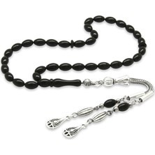 Tesbihname Sıkma Kehribar Tesbih - Kararmaz Metal Damla Püsküllü - Mini Boy - Siyah Renk - Arpa Kesim
