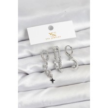 Renas Store Pirinç Gümüş Renk Zirkon Taşlı Uzay Model Ysx Trio Küpe Seti