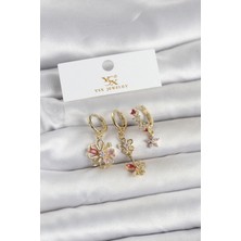 Renas Store Pirinç Gold Renk Çiçek Model 3'lü Kadın Küpe