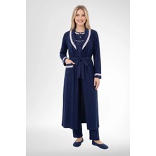 Mecit Pijama Mecit 6391 Lacivert %100 Pamuk Kadın Büyük Beden Uzun Sabahlıklı Pijama Takımı
