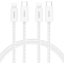 Belkin 2'li Örgülü Usb-C - Lightning Kablo, 1,5 M, Yumuşak, Esnek ve Hızlı Şarj Kablosu, iPhone 14 ve Önceki Modeller, 9. Nesil iPad ve Airpods ile Uyumlu, Beyaz