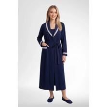 Mecit Pijama Mecit 6390 Lacivert Kadın %100 Pamuk Büyük Beden Uzun Sabahlık