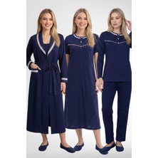 Mecit Pijama Mecit 6393 Lacivert %100 Pamuk Pembe Puantiyeli  Kadın Sabahlık Pijama Gecelik Set